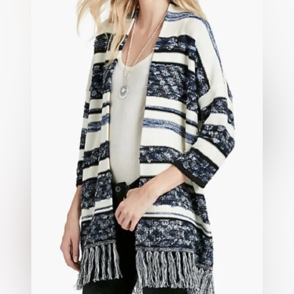 Lucky Brand Jacquard Fringe Navy Kimono Cardigan M